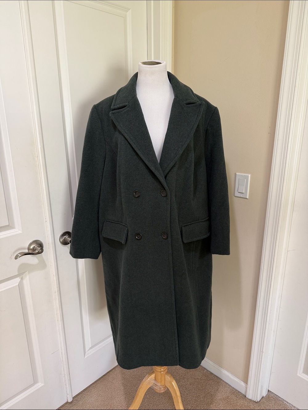 Lands' End Women's Double Breasted Wool Overcoat Hunter/Forest Green Jacket 24W